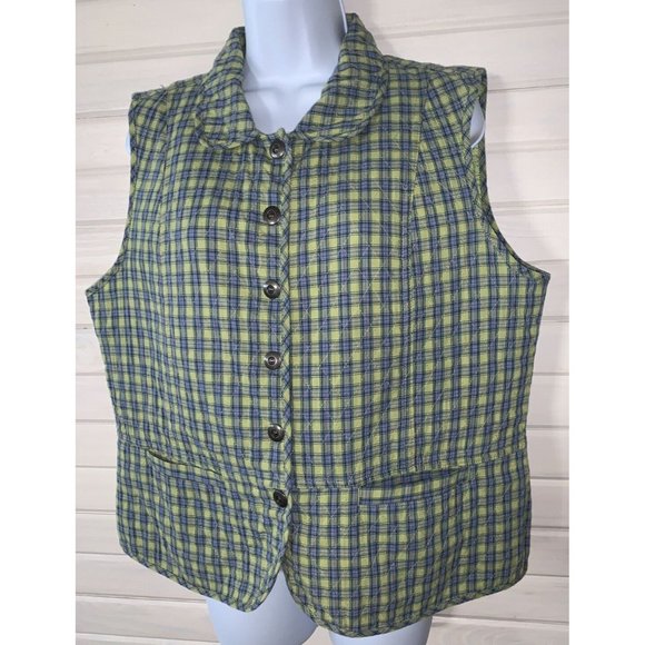 Christopher & Banks Sz LARGE Vest Cotton Green Plaid Button Front Quilted EUC - Picture 2 of 9